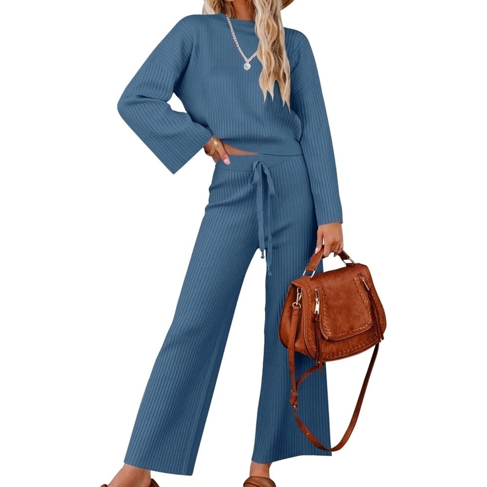 ZESICA Womens 2 Piece Set‎ Casual Long Sleeve Knit Pullover Wide Leg Pant Blue L